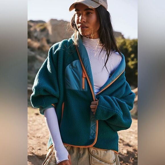 NWOT FP Movement Teal Fleece Jacket with Orange Trim - Picture 3 of 5